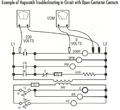 Electrical troubleshooting diagram for open contactor contacts with voltmeter readings and labeled circuit components.