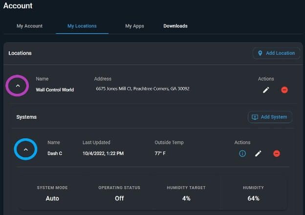 Dark account dashboard showing locations and system status with icons and controls