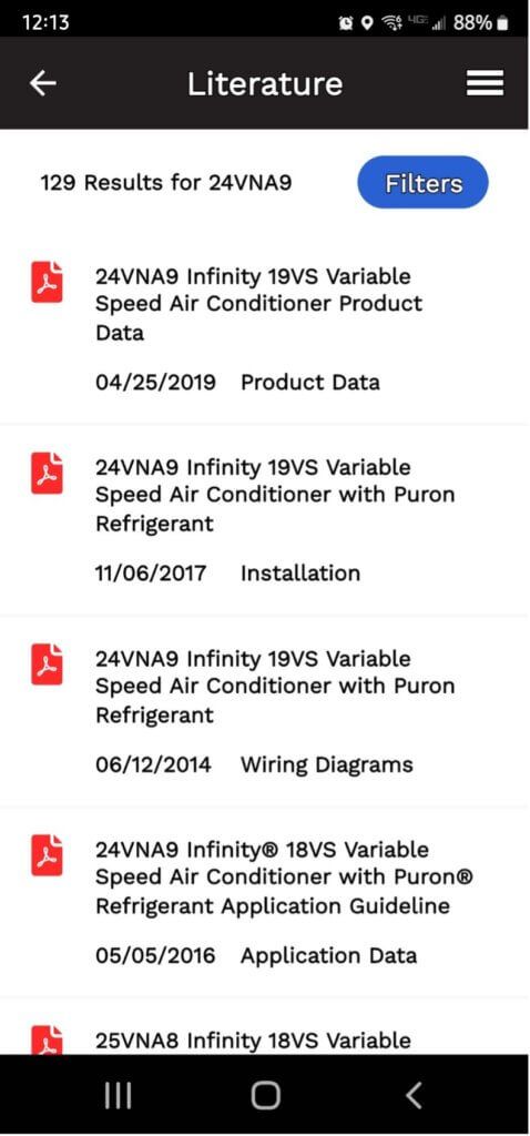 Mobile app screen showing a Literature document list with PDF icons and sorting/filter controls.