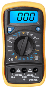 Digital multimeter with yellow casing and blue LCD display showing 0.00