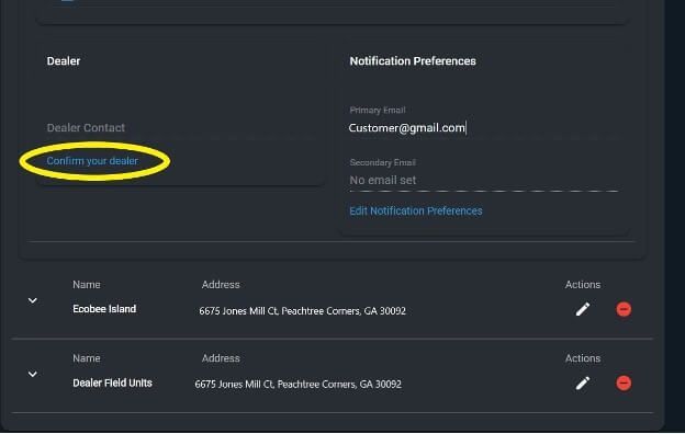 Dark-themed settings page with “Dealer Contact” selected and notification preferences listed alongside address rows.
