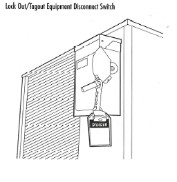 Lockout/tagout disconnect switch with padlock securing the lever on an electrical panel.