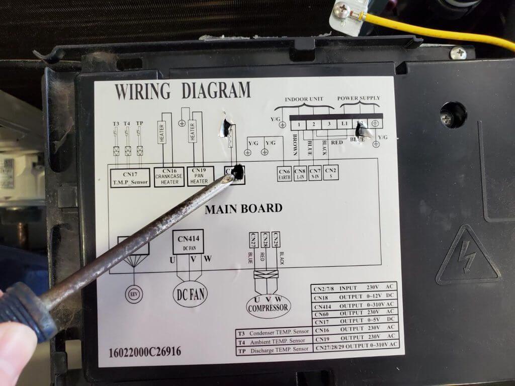 Circuit wiring diagram label on a black machine, with a screwdriver pointing at the main board.