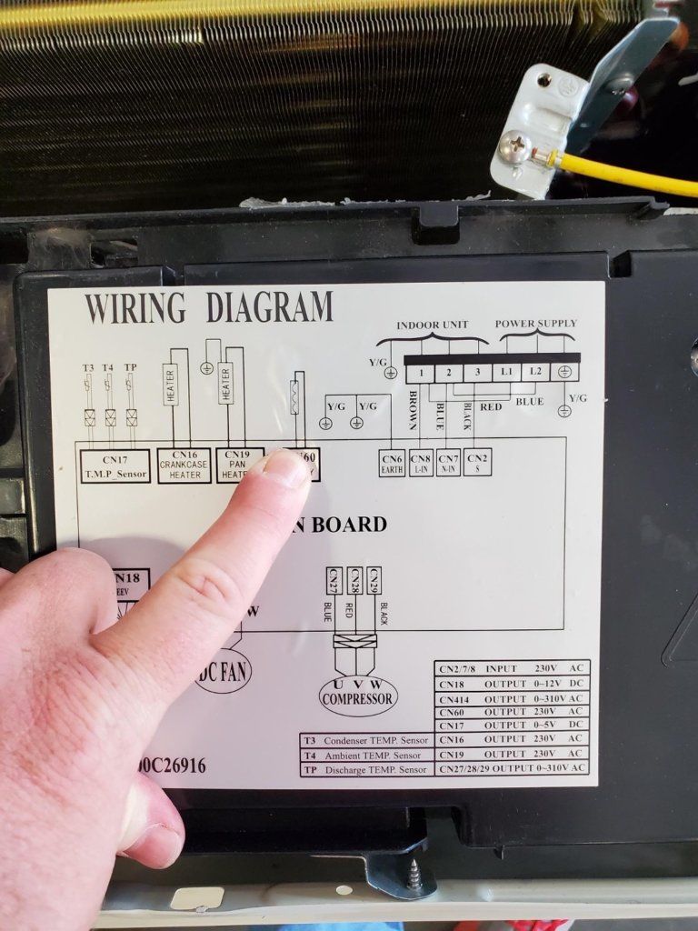 Finger pointing at a wiring diagram label inside a black electronic device.
