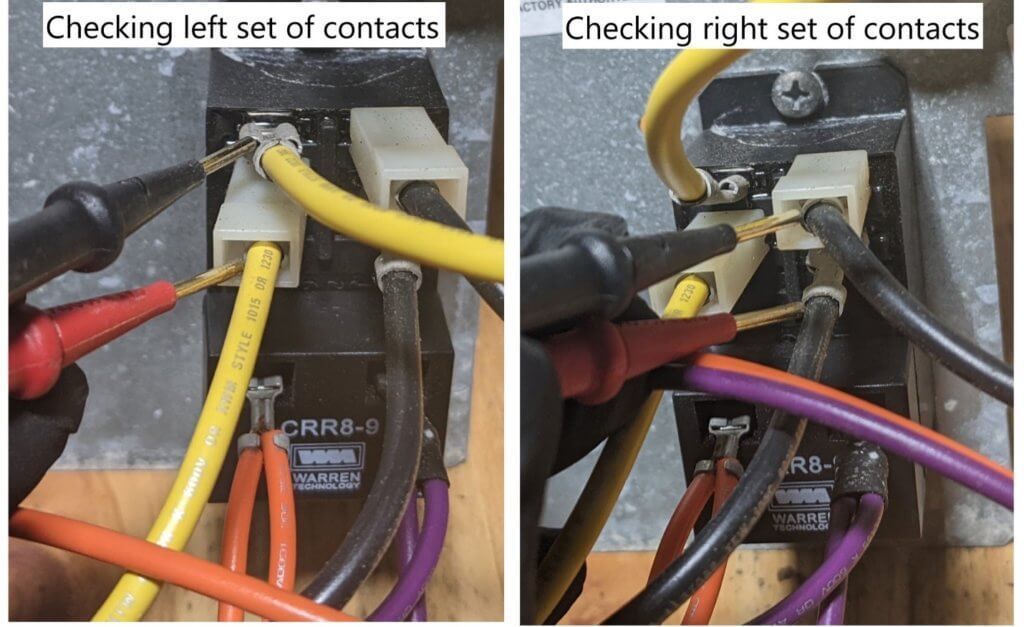 Checking left and right contact sets on electrical wires and components