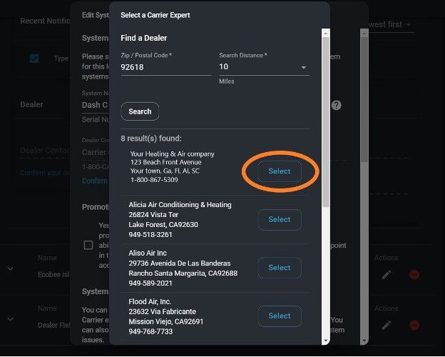 Dark modal showing carrier search results with one “Select” button circled in orange.