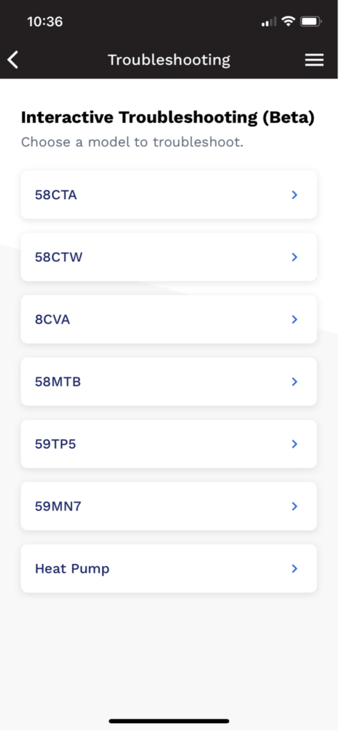 Mobile app troubleshooting menu with several white option buttons on a dark header, including Heat Pump.