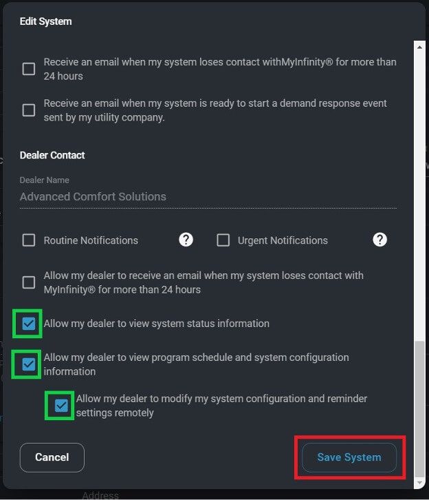 Dark settings dialog with notification checkboxes, two green-checked options, and a blue Save System button