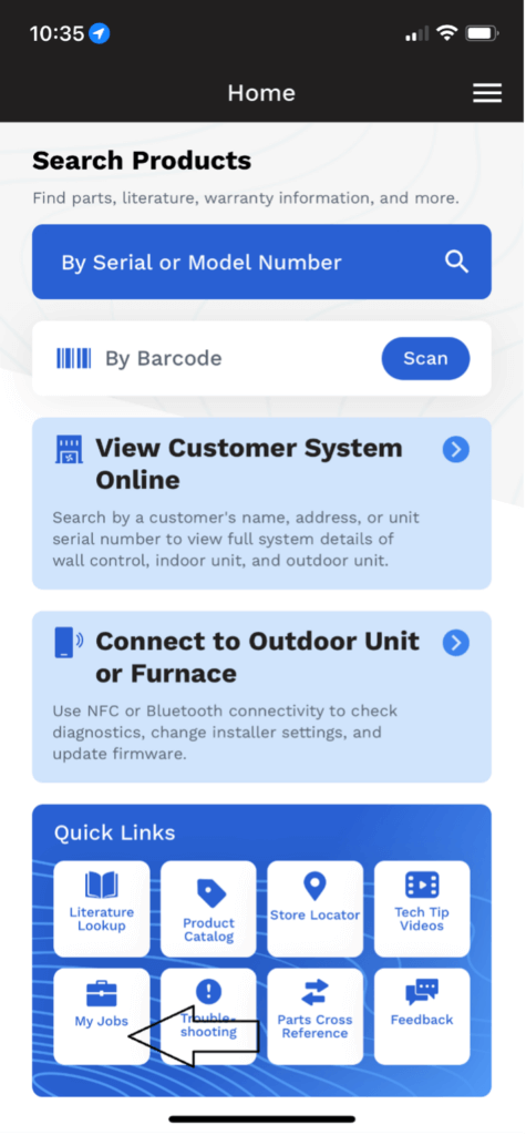 Mobile app home screen with blue search bar, customer system cards, and quick utility shortcuts on a dark header background