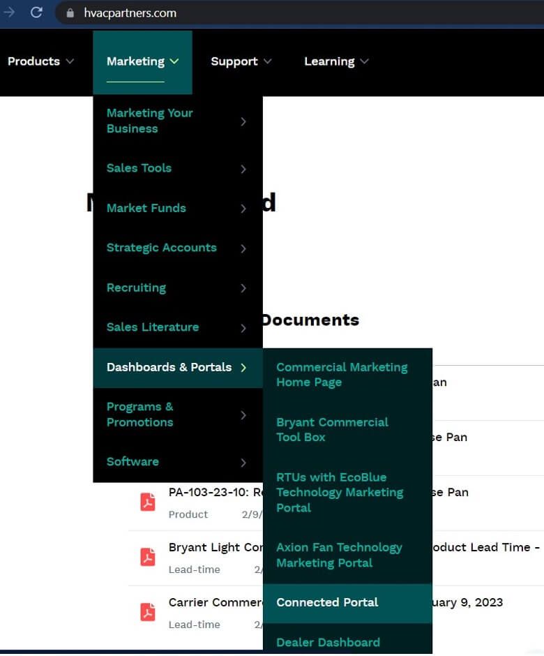 Website navigation menu with Marketing dropdown and teal submenu options over a document page