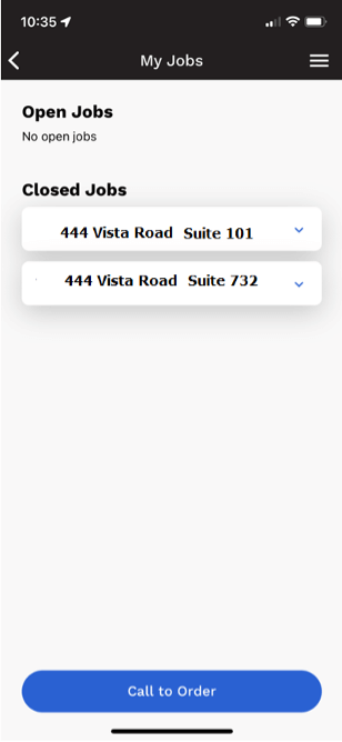 Mobile app “My Jobs” screen showing open and closed job cards and a blue “Call to Order” button.