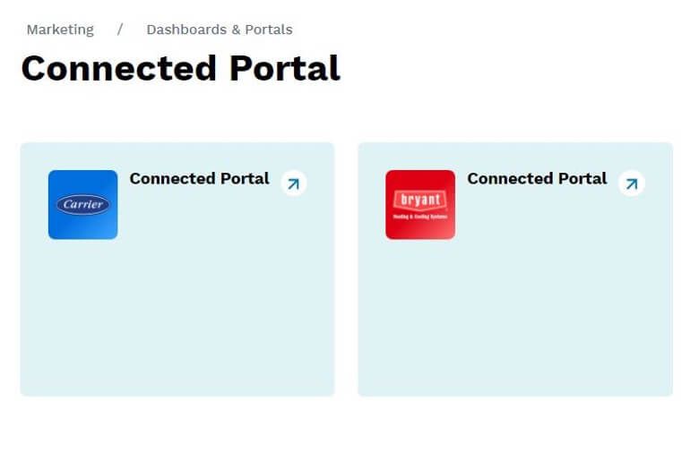 Marketing dashboard titled “Connected Portal” with two portal tiles, blue and red icons, and arrow links