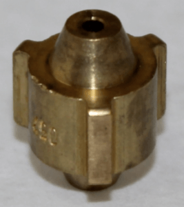 Small brass metal connector or fitting with a conical top and central hole on a white background