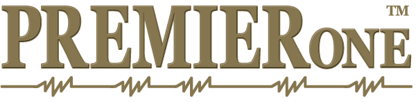 PremierOne logo in brown and gold with a heartbeat line under the text