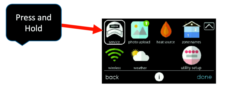 Phone app home screen with a red arrow labeled “Press and Hold” pointing to a top-left app icon.