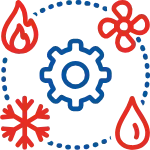 Blue gear inside dotted circle with red flame, snowflake, and flower icons around it