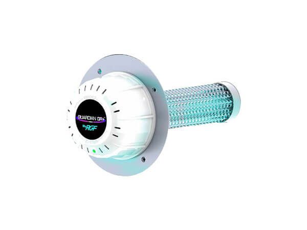 White and teal cylindrical futuristic device with a perforated body and glowing black center