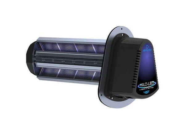 Black and silver cylindrical UV air purifier with blue glow and front grille