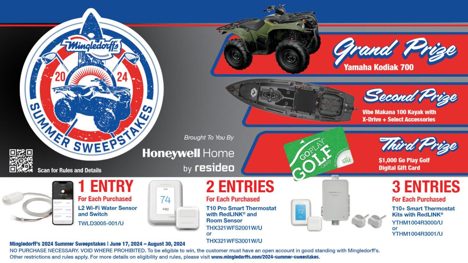 Honeywell Home sweepstakes promo with prize tiers, red/blue banner, and product images