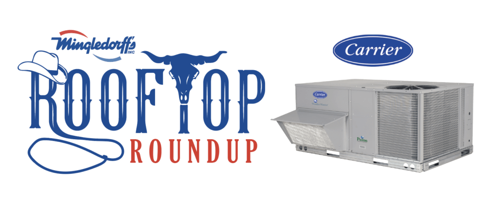 Mingledorff’s Rooftop Roundup logo beside a Carrier rooftop HVAC unit