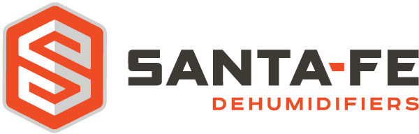 Santa-Fe Dehumidifiers logo with orange hexagon icon and gray-black text on white background