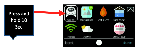 Handheld device menu screen with app icons, highlighted by a red arrow and “Press and hold 10 sec” callout