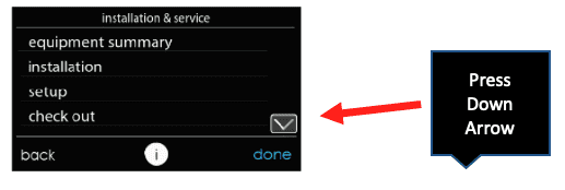 Menu screen with a red arrow pointing to the down-arrow navigation button.
