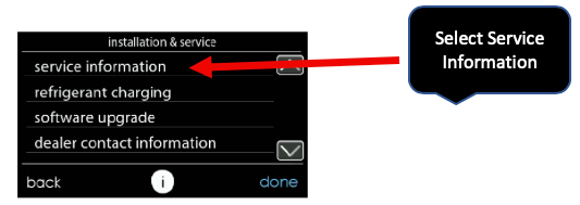 Black menu screen labeled “installation & service” with “service information” highlighted and a red arrow pointing to it.