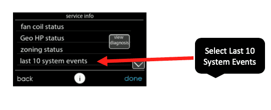 Black service info menu with a red arrow pointing to “Select Last 10 System Events” and a dark blue “done” button.