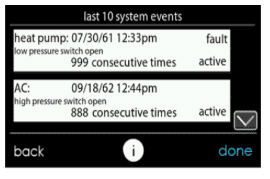 HVAC error log screen showing last 10 system events with heat and AC faults and active status