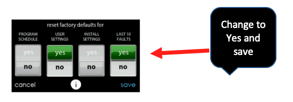 Settings screen with a green “yes” toggle selected; arrow says “Change to Yes and save.”