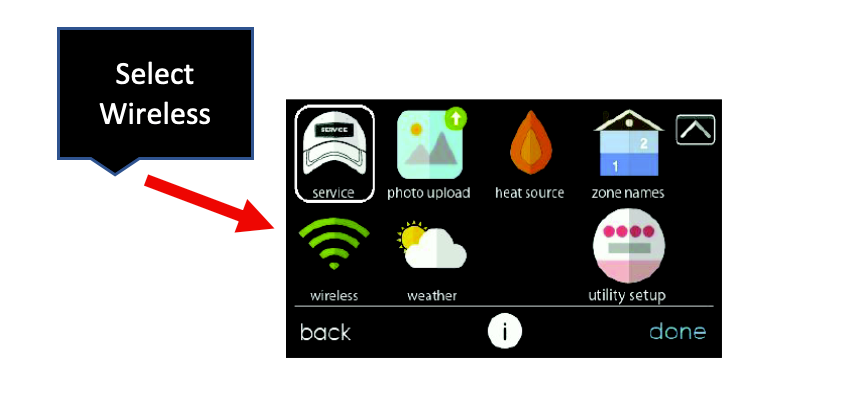 Wireless selection menu with icons; red arrow points to green Wi‑Fi icon labeled “Wireless.”
