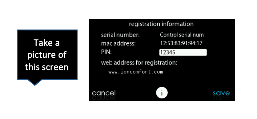 Instruction bubble points to a black registration information screen with serial number, MAC address, PIN and save/cancel buttons.