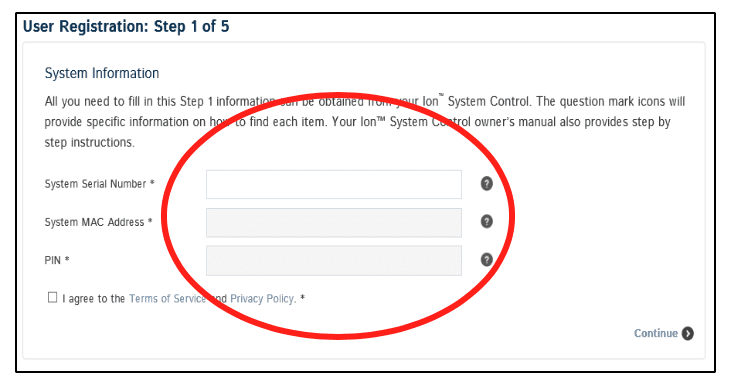 User registration form with three blank fields circled in red and a “Continue” button.