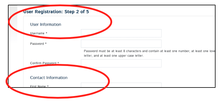 User registration form, step 2 of 5, with User Information and Contact Information sections circled in red.