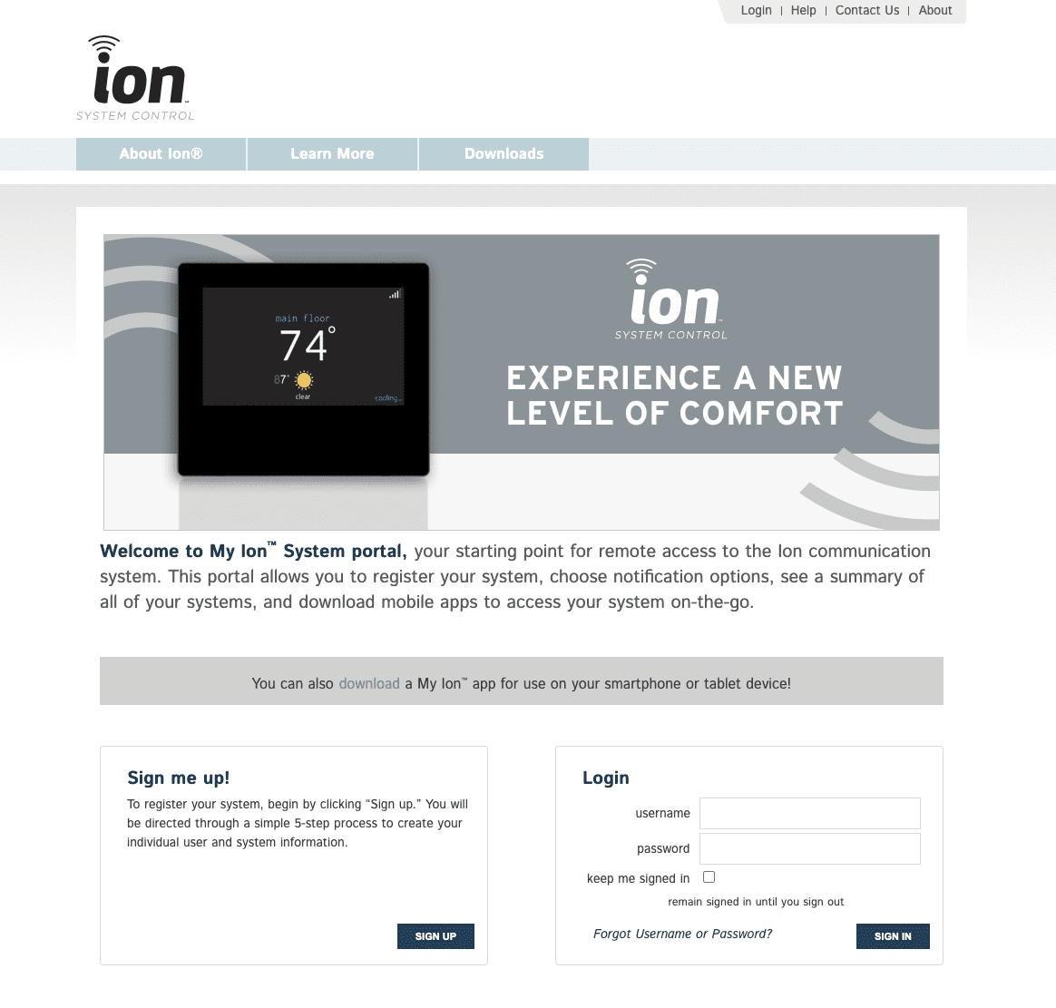 Ion website homepage promoting a smart thermostat with signup and login forms