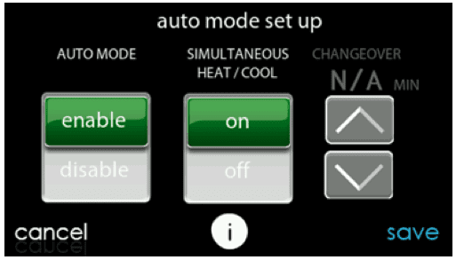 Thermostat “auto mode set up” screen with green enable/on buttons and changeover arrows.