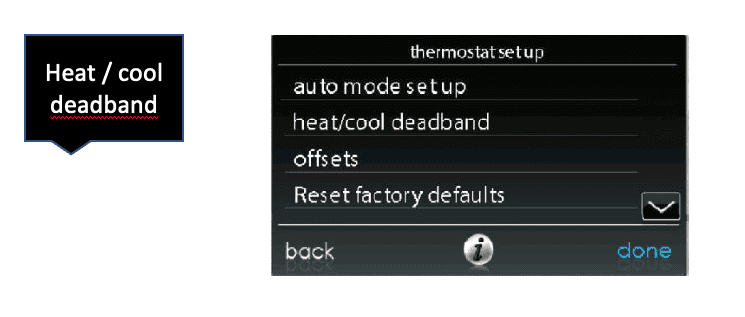 Thermostat setup menu showing heat/cool deadband option and other settings on a dark screen