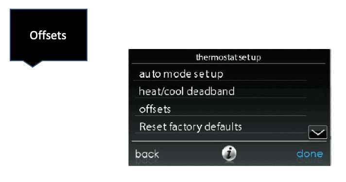 Thermostat settings menu showing offsets, auto mode setup, and heat/cool deadband options
