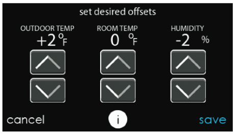 Thermostat settings screen to adjust outdoor temp, room temp, and humidity offsets with up/down arrows.