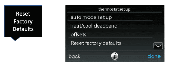 Thermostat settings menu with “Reset Factory Defaults” highlighted on a black and gray screen