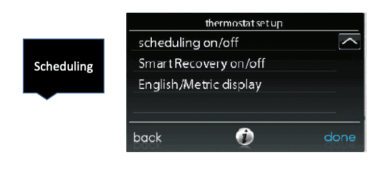 Scheduling settings screen with options for scheduling, Smart Recovery, and language display.