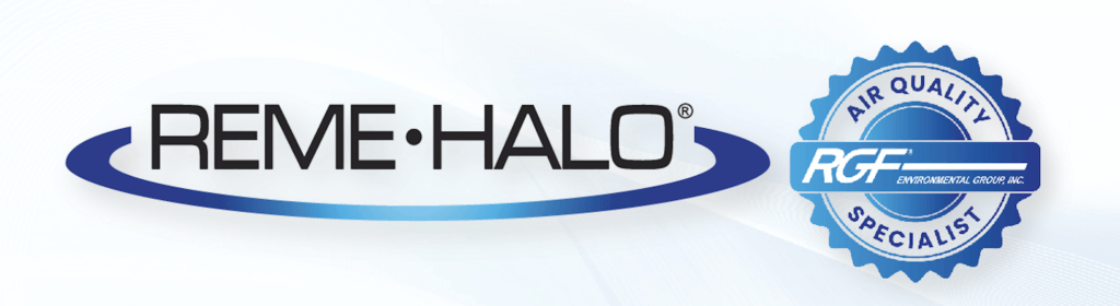 REME-HALO logo with blue circular air quality seal on a white background