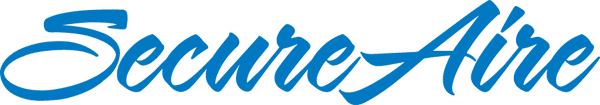 Blue “Secure-Aire” logo in cursive script with a swoosh underline