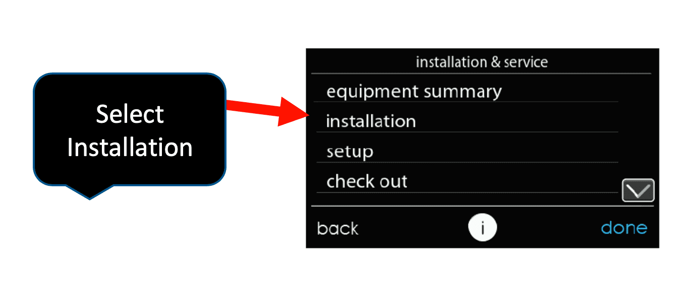 Black button labeled “Select Installation” points to a dark installation service menu with a highlighted list.