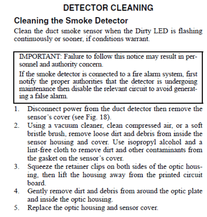 Manual page on detector cleaning and smoke sensor maintenance instructions