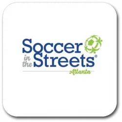 Soccer in the Streets Atlanta logo in blue and green on a white background