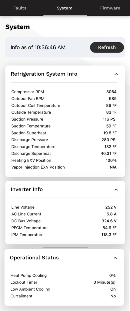 Mobile app screen showing a system metrics dashboard with charts and sensor readings on a white card layout