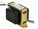 Small black and gold solenoid coil with two wires, isolated on a white background
