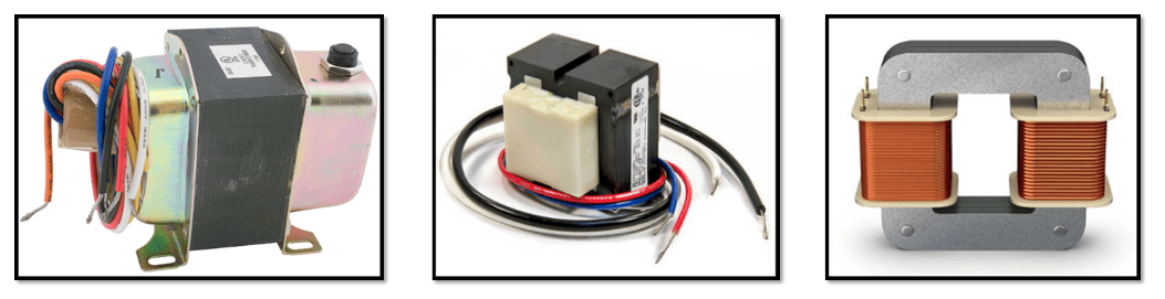 Three small electrical transformers with copper coils, shown side by side on a white background